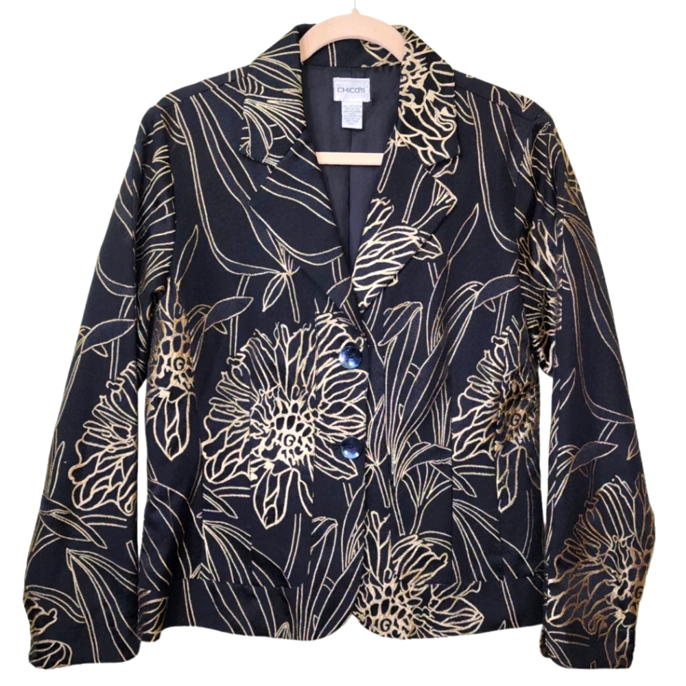 Chico's Black with Gold Embroidery Lined Blazer